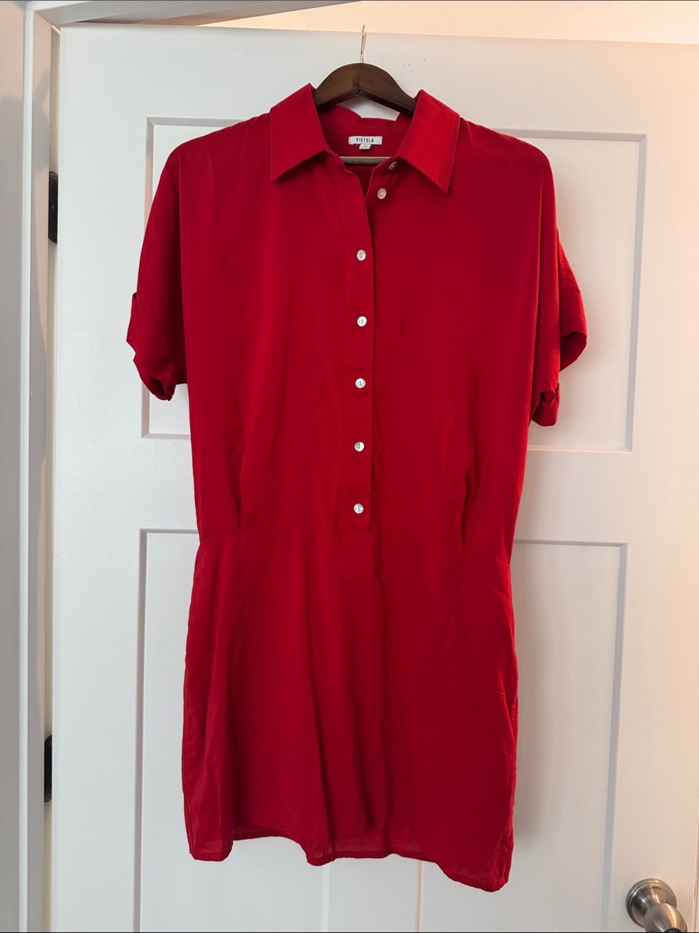 pistola Red Button-Down Short-Sleeve Shirt Dress